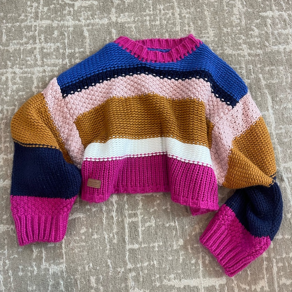 Colorblock Cropped Knit Sweater - Pink, Blue, Mustard, White